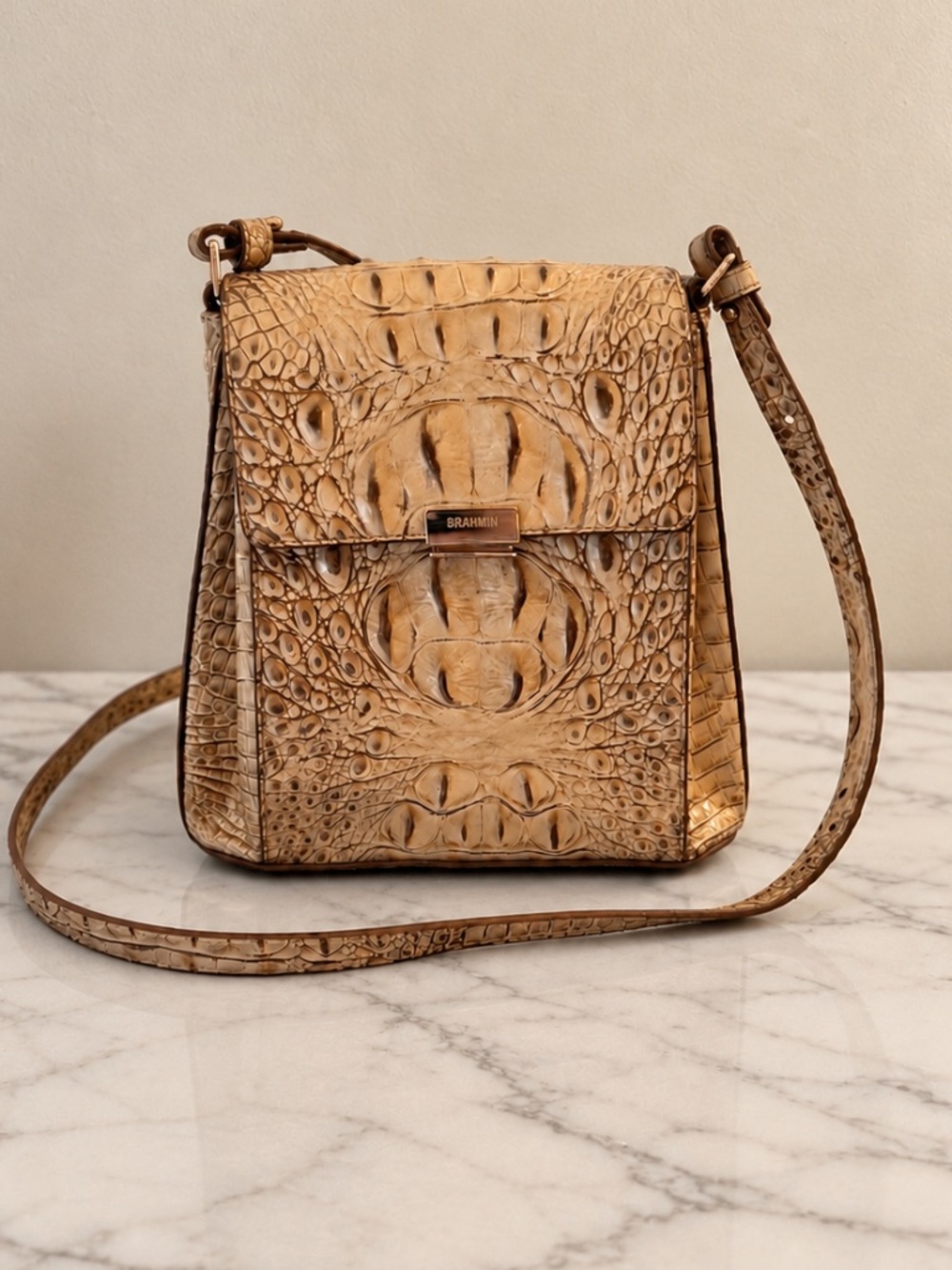 Brahmin Margo Honey Brown Melbourne Croc Embossed Leather Crossbody